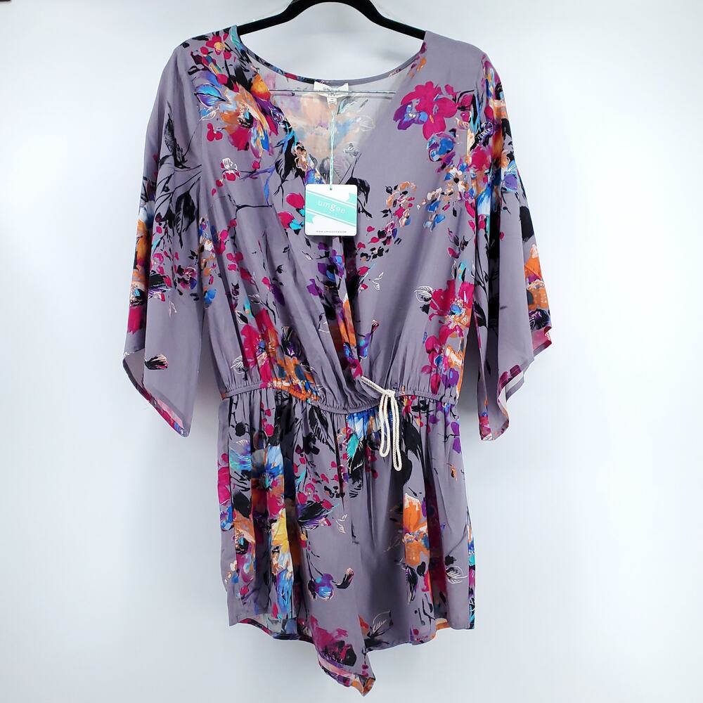 Umgee Bloomcore Boho Purple Kimono Sleeve Romper Side Pockets Elastic Waist  M